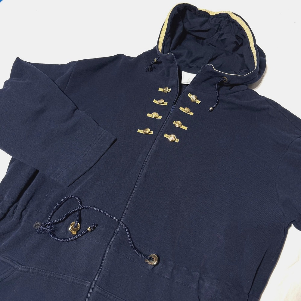 St John Sport Zip Up Hooded Jacket Womens Small Gold Button Military Navy Blue